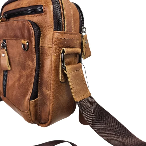 Leather Crossbody Bag Multi Pocket Travel Messenger Bag Unisex Adjustable Strap - Picture 3 of 15